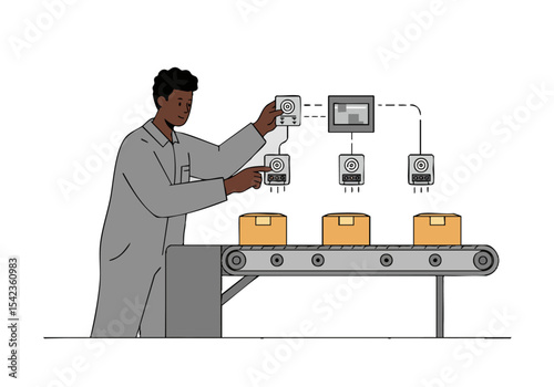 A technician adjusts sensors on a production line, monitoring automated boxes. Clear, modern illustration showcasing industrial automation and control. Focus on precision and efficiency.
