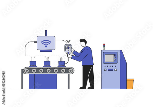 A technician inspects a manufacturing line with sensors and machinery. Modern industrial setting. Focus on quality control and automation.
