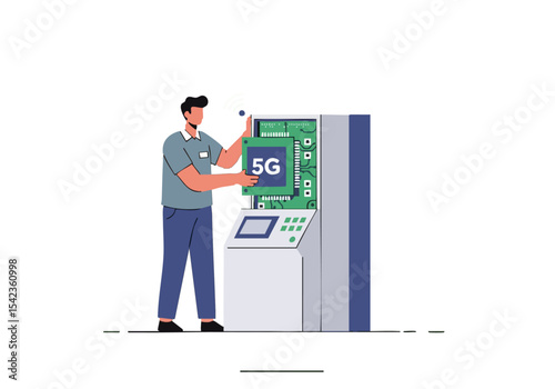 A technician installs a 5G module on a server rack. Modern technology, digital infrastructure, and connectivity. Clean, professional, and visually appealing.