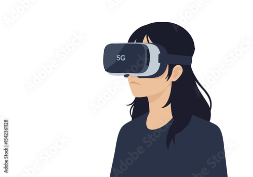 A young woman wearing a 5G VR headset experiences virtual reality. The image showcases modern technology and immersive digital experiences. Clean, stylish, and visually engaging.
