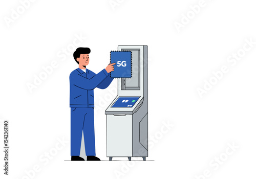 A smiling worker installs a 5G device at a kiosk. Clean, modern design with a focus on connectivity and technology. Bright, professional illustration.