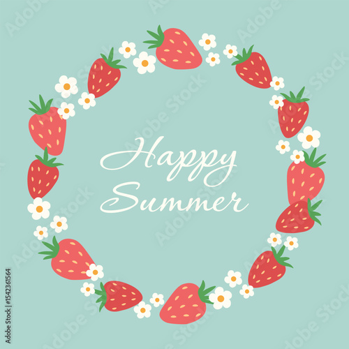 Cute strawberries and flowers summer vector wreath. Botanical frame with red berries in flat design.