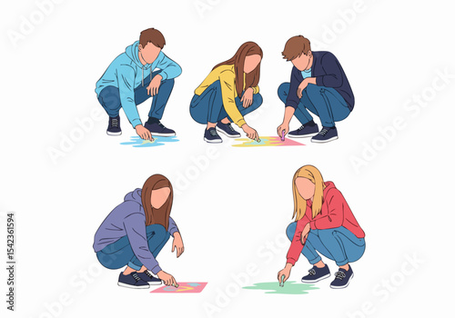 Flat Illustration Diverse Group of People Drawing with Chalk on Ground