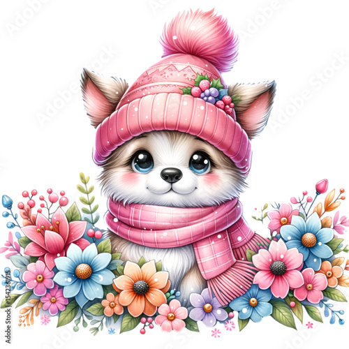 Cute Husky Puppy in Winter Hat: An adorable husky puppy, wearing a pink winter hat and scarf, is nestled amongst a vibrant array of colorful flowers.