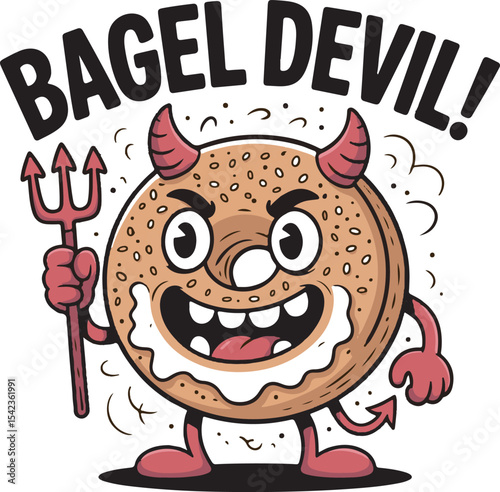 Cartoon Bagel Devil Character Illustration Brown Tan Red White Holding Pitchfork Funny Food