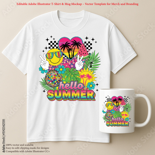 Retro Hello Summer T-Shirt & Mug Design – Bright Neon Smileys, Palm Trees & Summer Aesthetic