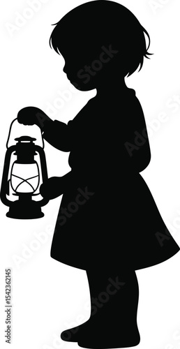 Silhouette of a Little Girl Holding an Oil Lamp