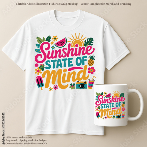 Sunshine State of Mind T-Shirt & Mug Design – Summer Vacation Typography with Tropical Fruits, Sun, and Floral Graphics

