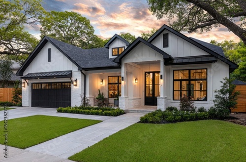 the exterior front view of an single family house in Austin, Texas with white walls and black trim at sunset
