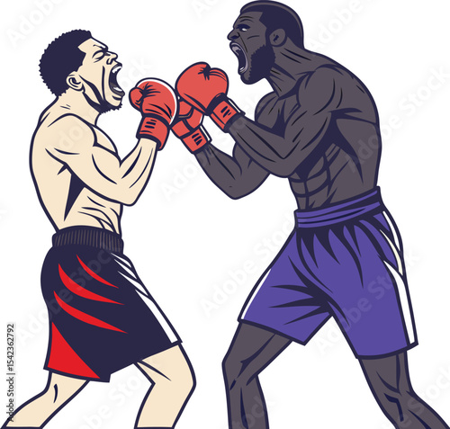 Boxing Match: A dynamic illustration capturing the raw intensity and competitive spirit of a boxing match, with two powerful athletes engaging in a fierce exchange.