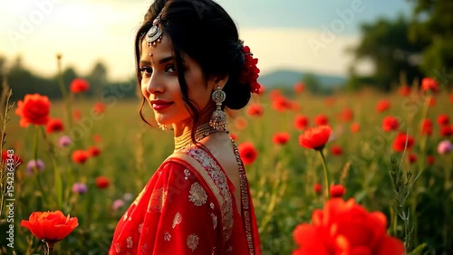 Graceful Indian Bride in Traditional Saree Posing in Poppy Flower Field at Golden Hour – Slow Motion Close-Up, Generative Ai.