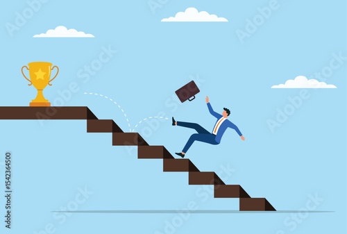 Vector illustration of a businessman falling down the stairs just before reaching the trophy, representing the struggles and setbacks faced on the path to success
