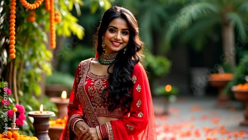 Elegant Indian Bride Posing Gracefully in Outdoor Garden — Close-Up with Natural Light and Traditional Red Bridal Attire, Generative Ai.
