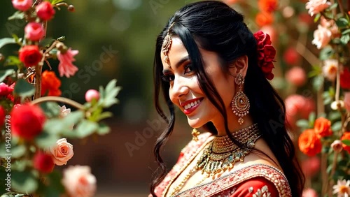 Graceful Indian Bride Smiling in Outdoor Garden Setting with Elegant Traditional Attire – Close-Up Cinematic Shot, Generative Ai.