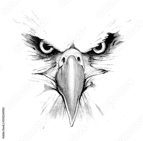 Close up of a detailed pencil sketch of an eagle's face with piercing eyes ready for printing