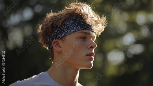 Contemplative young person with a dark patterned headscarf, captured in a natural outdoor setting with a soft, blurred backdrop.