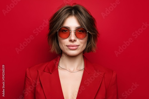 Confident young adult caucasian female in red outfit with sunglasses against red background
