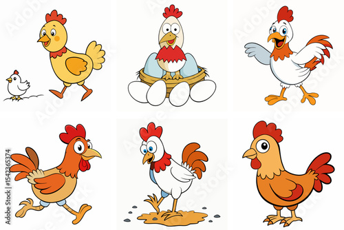 Cartoon Chickens Roosters and Eggs in a Poultry Farm Setting