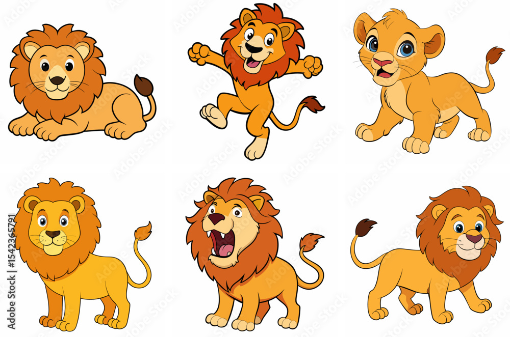 Fototapeta premium A Cartoon Lion Collection: Illustrations of Big Cat Mammals