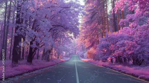 Enchanting forest road, where trees form a lilac canopy over a quiet path. Nature?s serene beauty, a peaceful journey awaits!