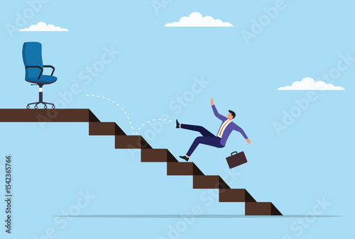 Vector illustration of a businessman falling down the stairs just before reaching the chair, representing obstacles and sudden setbacks encountered before achieving a goal
