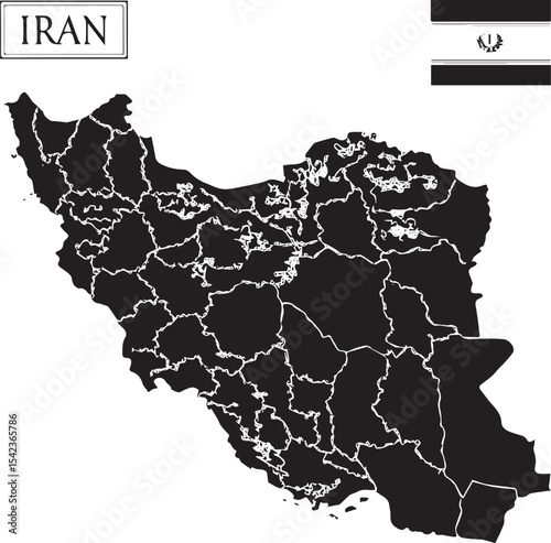 Iran Map: Administrative Divisions: A detailed black and white map of Iran, highlighting its administrative divisions and showcasing the country's geography.
