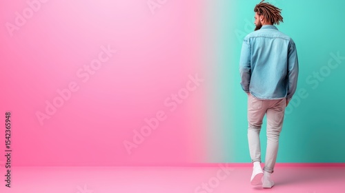 A fashionable man with dreadlocks is depicted walking away against a pastel dual-colored backdrop, embodying style, confidence, and a sense of modernity.