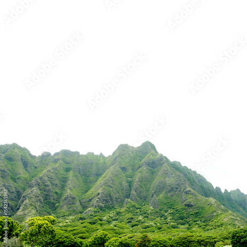 Verdant mountain peaks lush with green foliage against a bright white sky png