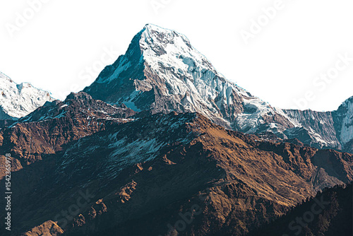 Majestic mountain peak with snow and ice against a clean white sky background png