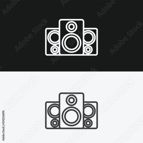 Set of Studio Monitor Speakers on Black and White Backgrounds, Representing Audio Production or Music Playback, White Outline Icon