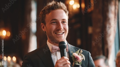 Smiling speaker at a wedding reception, wearing a suit and bow tie while holding a microphone at the elegant event.