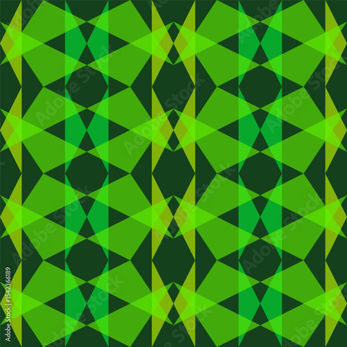 Geometric seamless pattern. Complicated colorful background. Polygonal shapes in shades of green. A complex pattern of translucent geometric shapes on a dark background. Classic stained glass design