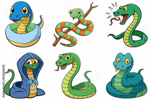 Colorful Cartoon Snakes Collection Vector Illustration Of Animals Isolated On White Background