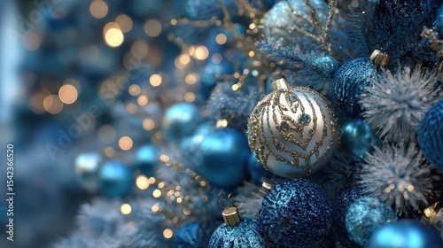 Festive Christmas tree adorned with sparkling blue and silver ornaments, radiating holiday cheer in a magical winter setting.