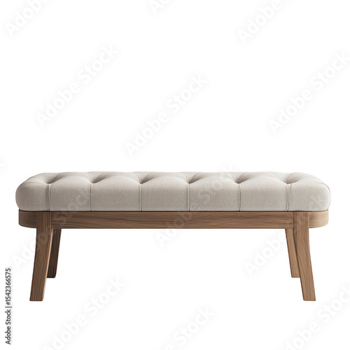 Elegant tufted bench with wooden legs isolated on transparent background