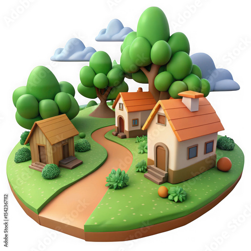 Cartoon Village Scene Green Trees Orange Roof Houses