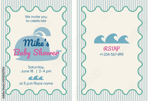 Sea Baby shower invitation card with whale, whimsical frame and stripes. Vector printable template design for newborn, baby.