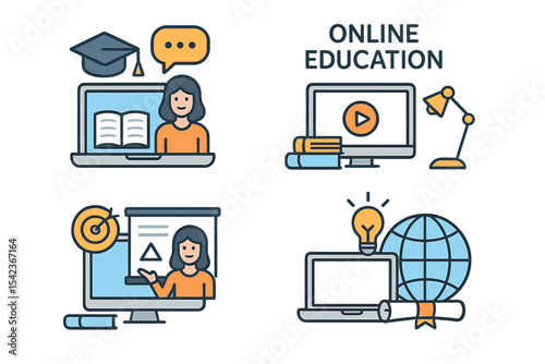E-learning graphic resources featuring a collection of vector design illustrations centered around the concept of online education