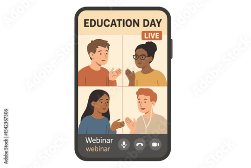 A group of mixed-race students engage in a discussion during an online video call displayed on a smartphone screen, participating in a virtual conference for education day through a live webinar and