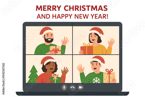 People are extending Merry Christmas and Happy New Year greetings, observing the holiday and exchanging gifts remotely through video calls or web conferences in as depicted in a vector