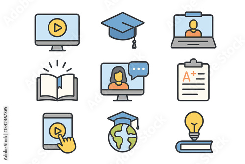 Vector illustration of e-learning icons and online education symbols available as