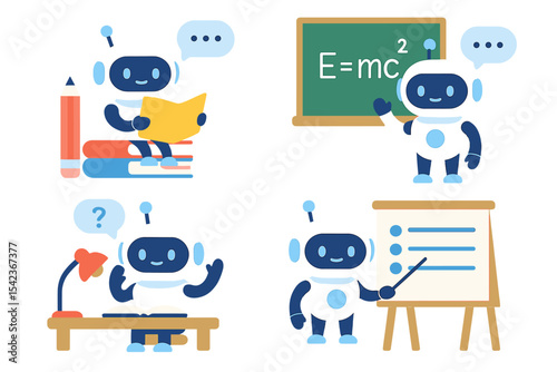Modern flat illustrations of adorable ai robots and chatbots in a school setting are now available, highlighting the concept of technology in education, as vector graphics on a white background