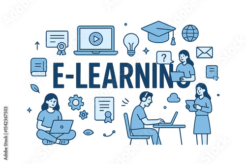 The concept of e-learning is represented by complex terminology and individuals encircled by relevant icons, all set against a backdrop of blue hues