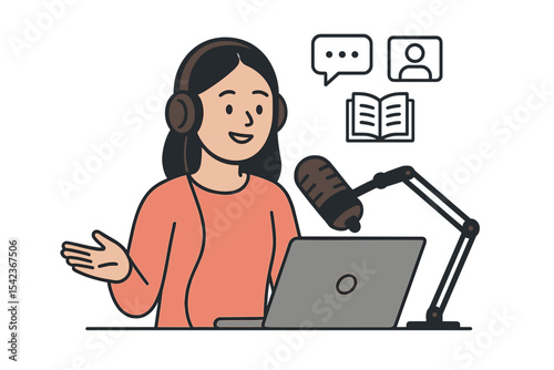 A girl is creating a podcast, hosting a webinar, and developing online courses based on the idea of an educational podcast, while the blogger is capturing audio, suitable for a web banner or