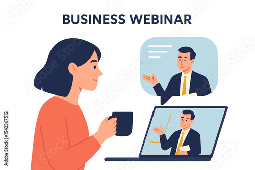 Concept for a business webinar web banner featuring a woman watching an online training video with a business coach in a modern e-learning setting, depicted as a vector illustration in flat cartoon
