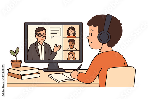 Vector illustration of a student at home listening to an online lecture, with a child studying through an e-learning platform that displays a professor and classmates on the computer screen