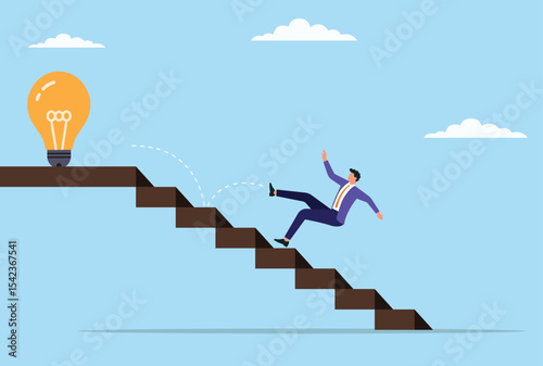 Vector illustration of a businessman falling down the stairs just before reaching the electric bulb, representing the challenges and setbacks faced before achieving a breakthrough idea
