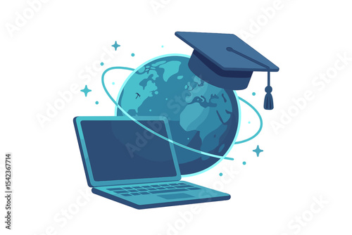 The concept of worldwide online learning is depicted with a laptop, the Earth, and a graduation cap in a futuristic aesthetic