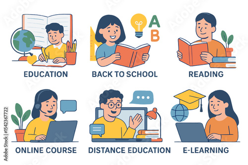 Education encompasses a collection of vector illustration posters and banners representing learning, back to school, reading, online courses, training, distance education, and e-learning