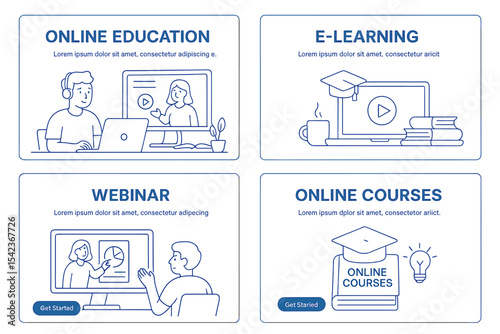 The concept of online education is represented through a collection of web page templates for educational courses in an outline vector style